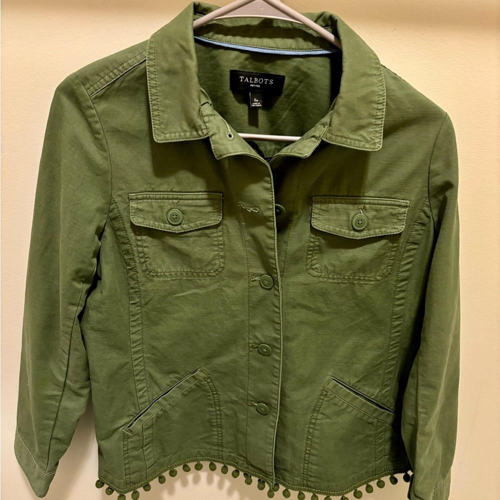 Talbots Women Pom Pom Twill Jacket Size Small Petite Olive Green